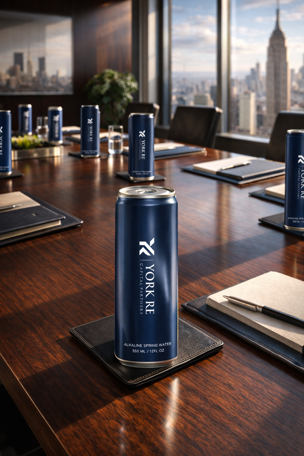 YORK corporate office custom branded canned water — logo water for workplaces